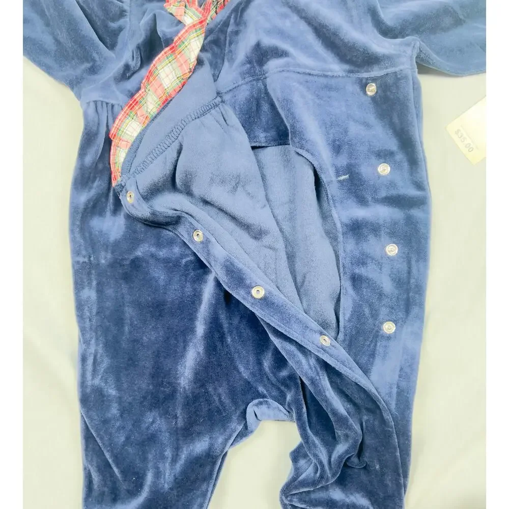 Vintage Ralph Lauren Baby 6M Navy Velour Footed Sleeper Plaid Holiday NWT Y2K